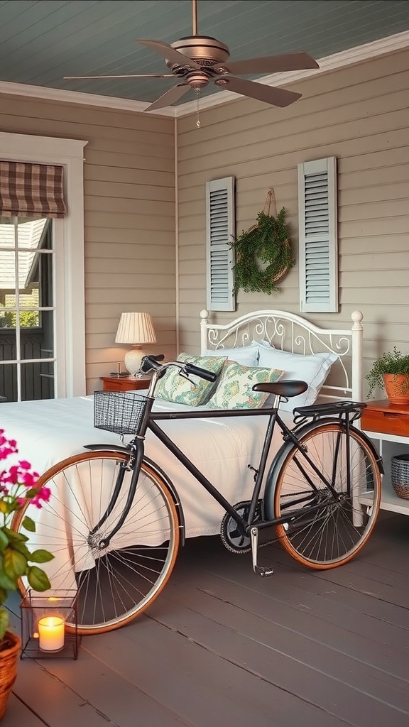 A black bicycle with a basket next to a bed on a porch, surrounded by flowers and a candle.
