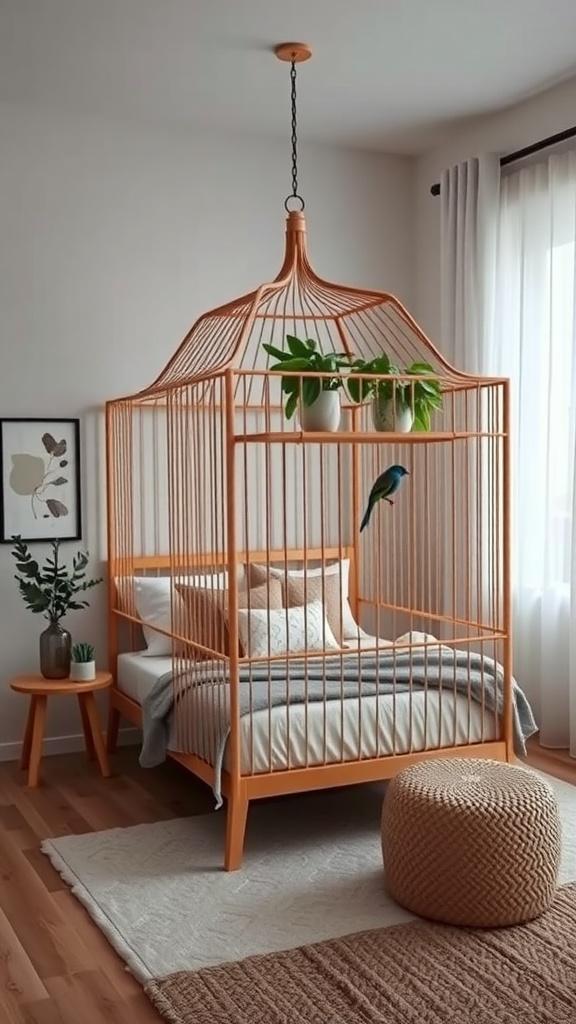 A unique bird cage design that also serves as a cozy sleeping area, featuring plants and warm colors.