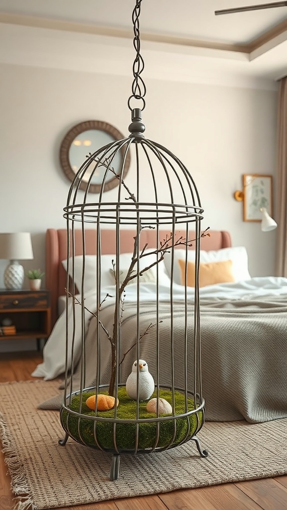 A decorative bird cage with a branch and moss, featuring bird figurines inside, set in a cozy bedroom.