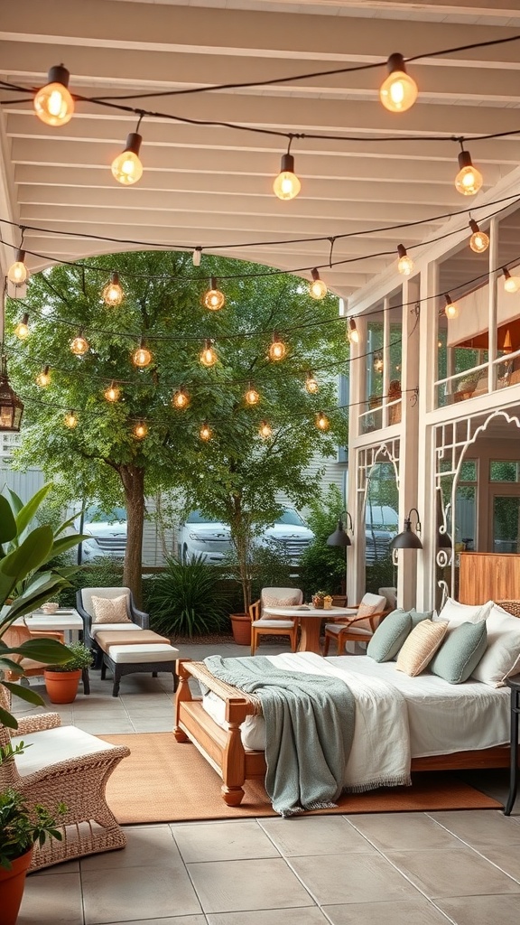 A cozy outdoor space with bistro lights hanging above, creating a warm atmosphere.