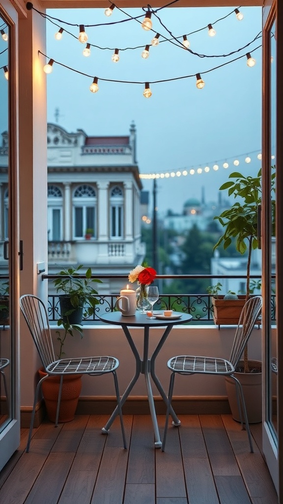 A cozy balcony with a bistro table and chairs, string lights, and plants.
