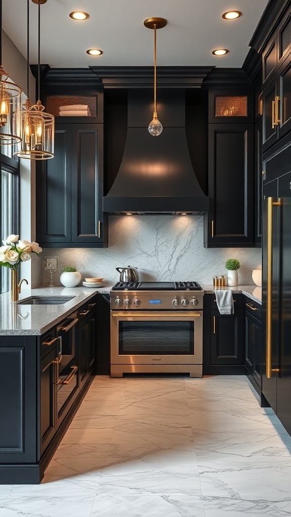 A modern kitchen featuring black cabinets and gold accents, with marble countertops and stylish lighting.