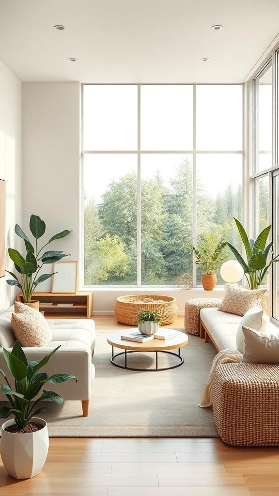 A bright beige living room with large windows showcasing greenery outside, featuring plants, neutral furniture, and a cozy atmosphere.