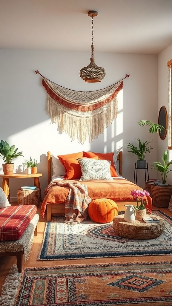 Cozy bohemian chic room with orange decor, plants, and a macramé wall hanging.
