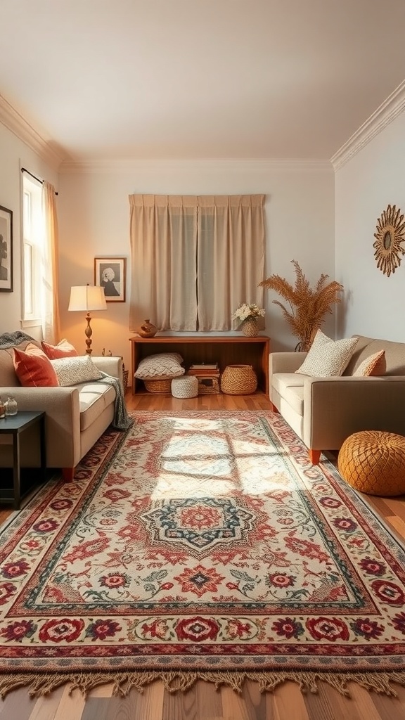 A cozy living room featuring a bohemian textured rug with rich patterns.