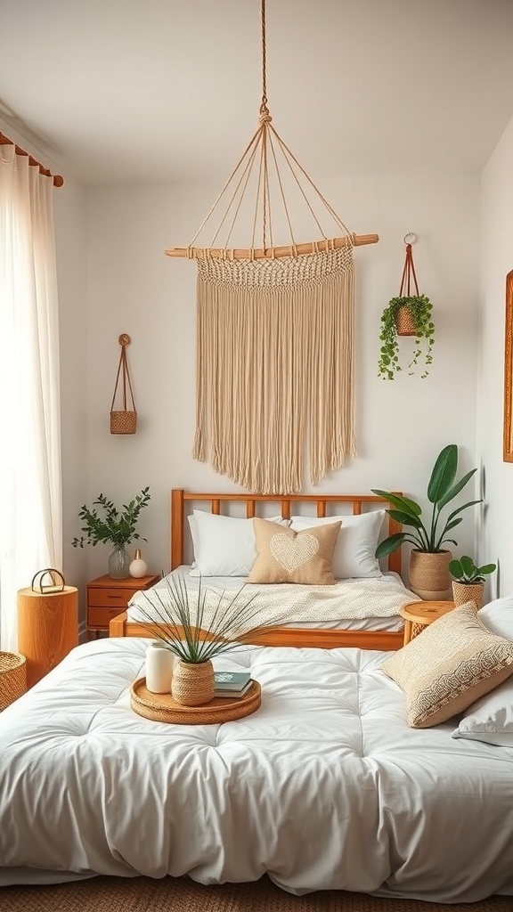 A cozy bedroom featuring macramé hangings, wooden furniture, and plants, creating a Bohemian vibe.