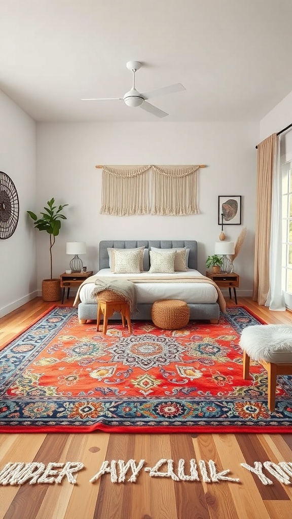 A cozy boho bedroom featuring a vibrant patterned rug, warm wooden floors, and neutral bedding.