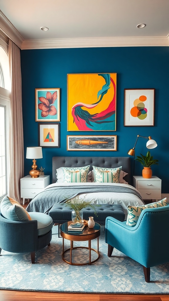 A colorful living room featuring a bold blue accent wall with various pieces of artwork, stylish furniture, and a cozy atmosphere.