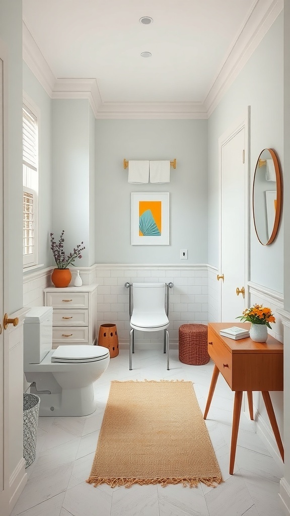 A bright, stylish tiny ensuite bathroom with a vibrant orange artwork, soft blue walls, and warm textures.