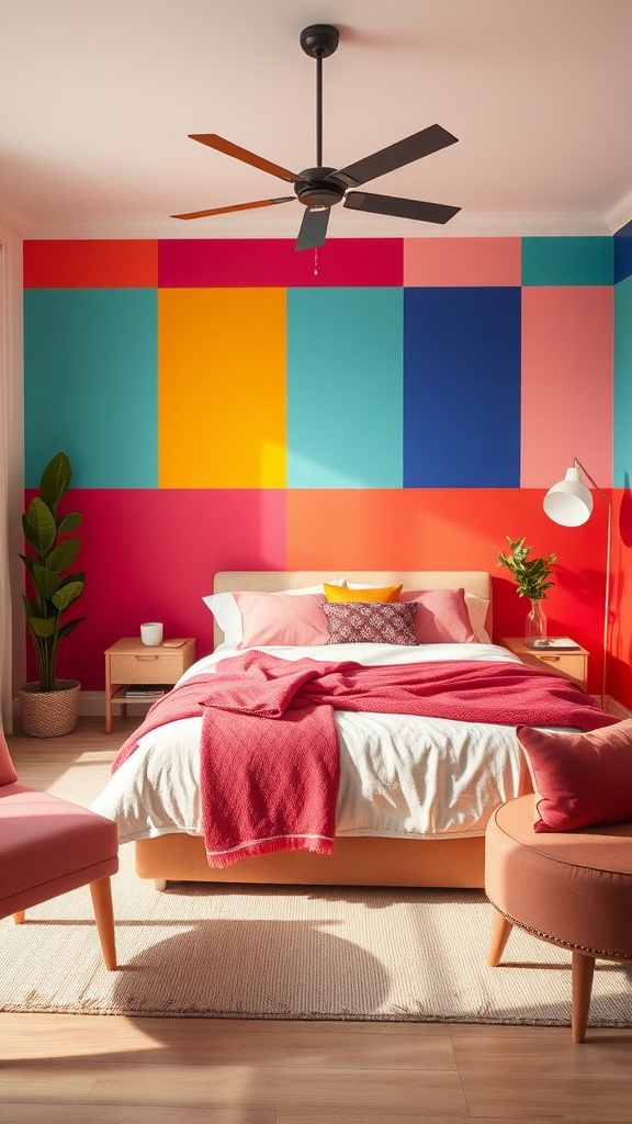 A vibrant bedroom with bold color blocks on the wall, featuring a cozy bed and stylish furniture.