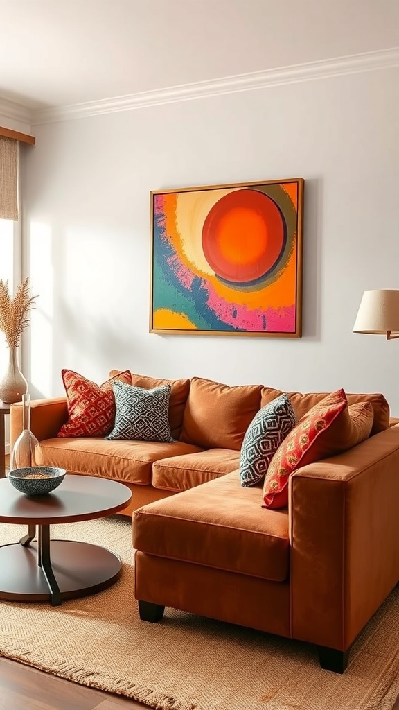 A cozy living room featuring a brown sofa with colorful pillows, a round coffee table, and vibrant wall art.