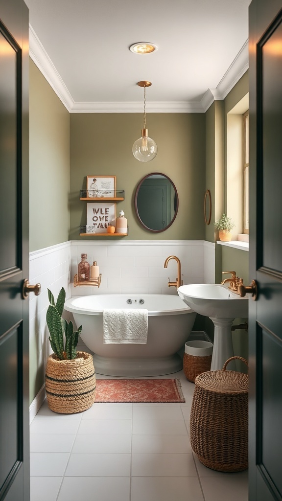 A cozy small bathroom featuring bold green walls, white tiles, and warm brass fixtures.
