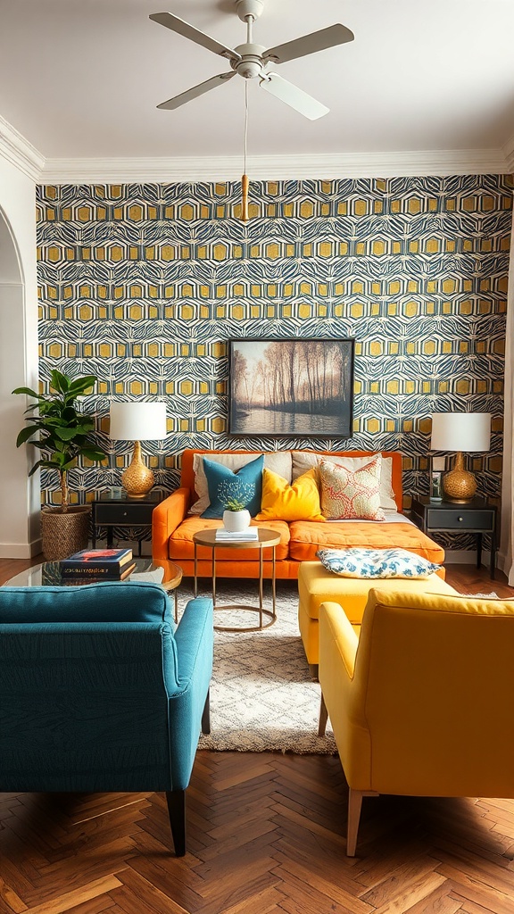 Living room with bold geometric wallpaper featuring yellow, navy, and white patterns, complemented by colorful furniture.