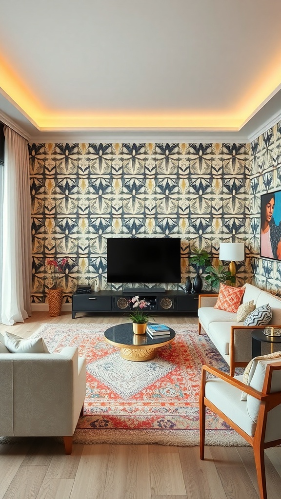 A living room featuring bold geometric patterned wallpaper, modern furniture, and a cozy atmosphere.