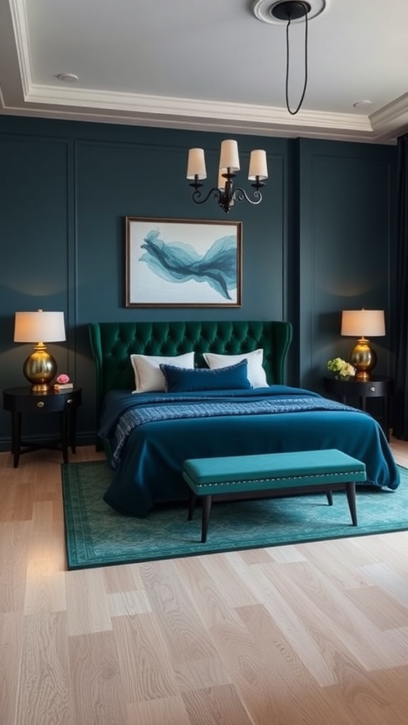A stylish bedroom featuring bold jewel tones with teal walls, a green tufted headboard, and elegant gold lamps.