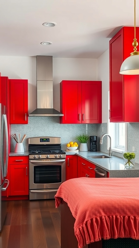A modern kitchen featuring bold red cabinets and charcoal gray countertops.