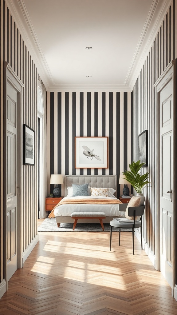 A stylish bedroom featuring bold black and white striped walls, a cozy bed, and warm wooden flooring.