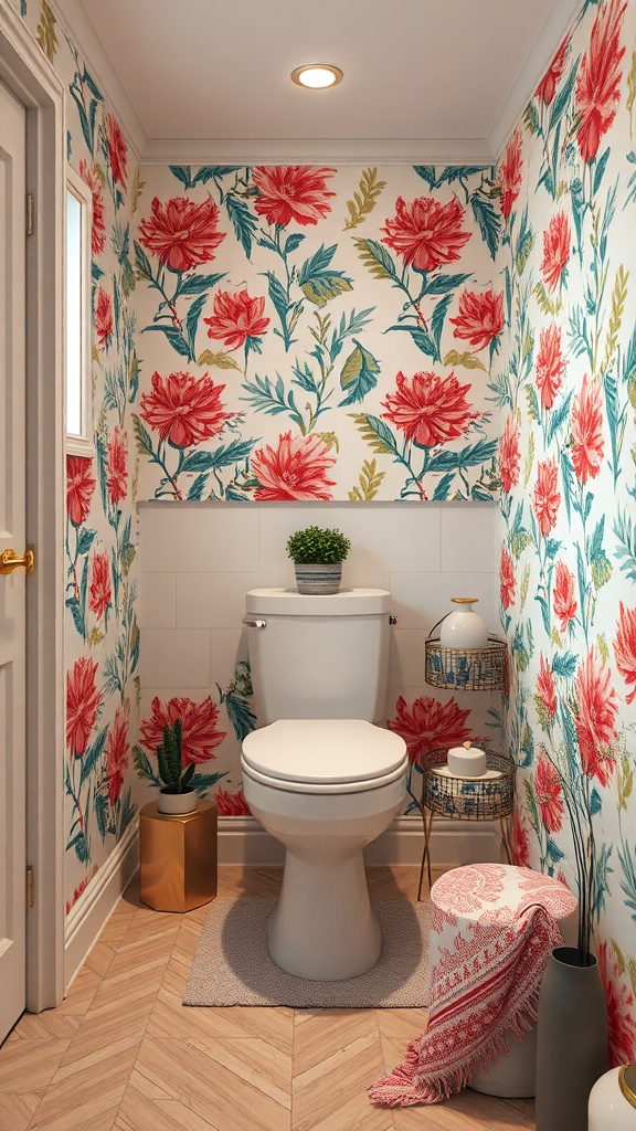 A small toilet room featuring bold floral wallpaper in red and green, with a white toilet and decorative accessories.