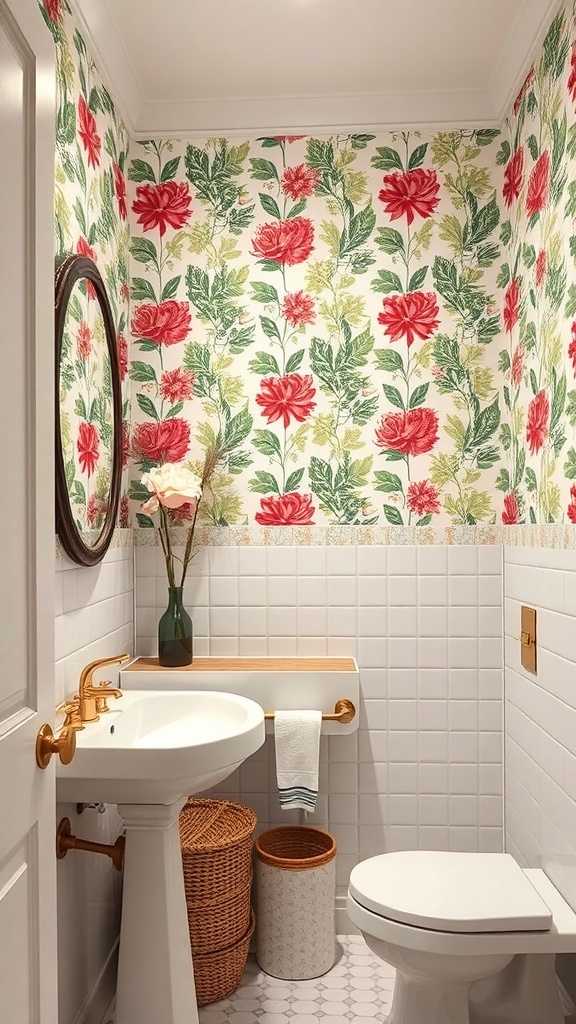 A tiny powder room with bold floral wallpaper, white fixtures, and minimalist decor.