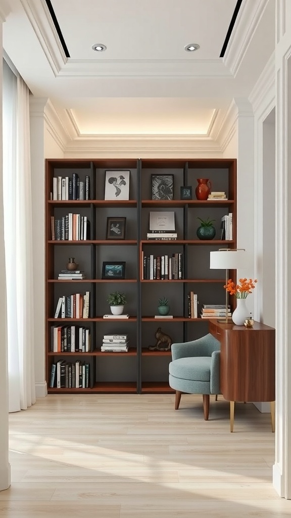 A stylish bookcase room divider with books and decorative items, creating a cozy space.