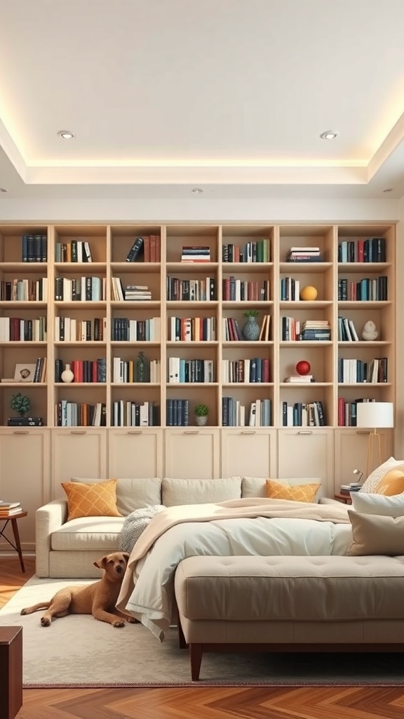 A cozy living room featuring a large bookshelf filled with books and decorative items, separating the seating area from the rest of the room.