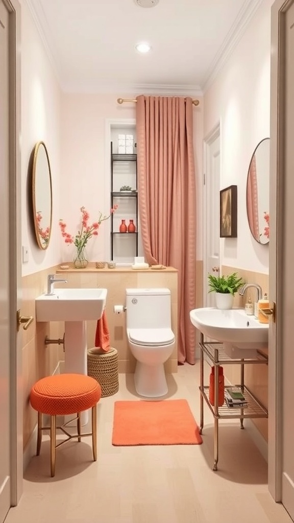 Bright and airy ensuite bathroom with pink walls, coral accents, and modern fixtures