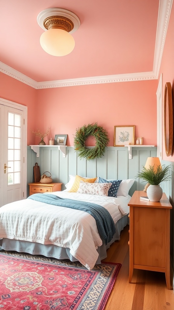 A bright and inviting mudroom with coral walls and blue-green accents, featuring a cozy bed and natural decor.
