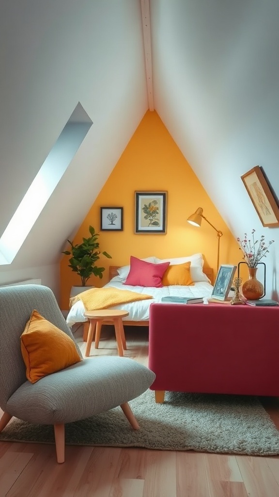 A cozy tiny attic bedroom featuring a warm yellow wall and accents of pink and orange.