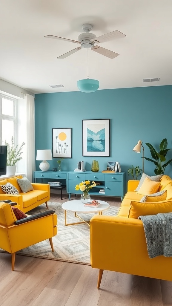 A bright living room with yellow sofas and a blue wall, featuring a round coffee table and colorful decor.