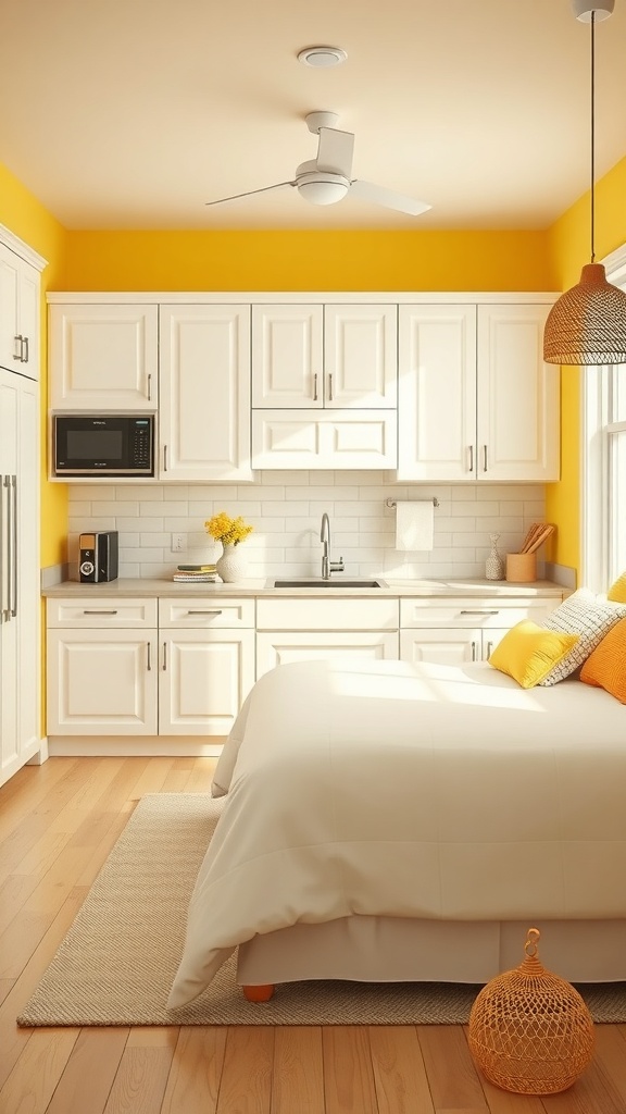 A bright kitchen with yellow walls and white cabinets, featuring a cozy layout and warm wooden flooring.