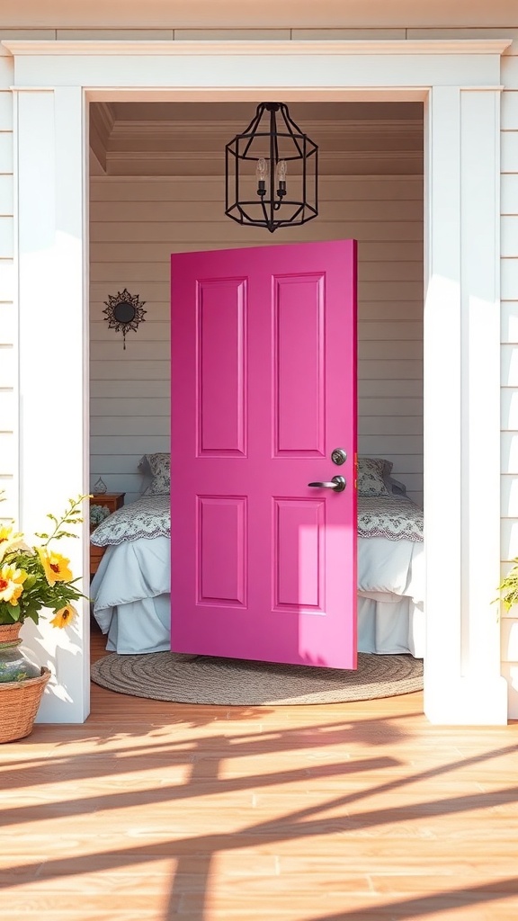 A bright pink door opens to a cozy entrance with a lantern and floral decorations.