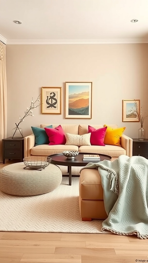 A beige living room featuring a light beige sofa with colorful throw pillows, a round coffee table, and artwork on the walls.