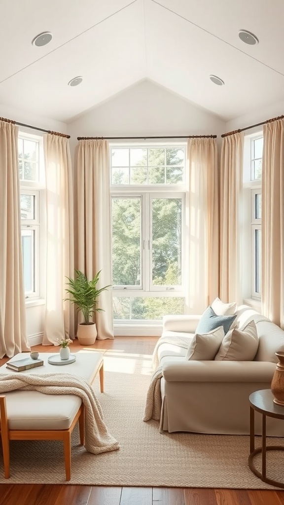 Cozy living room with natural shades, soft curtains, and a plant.