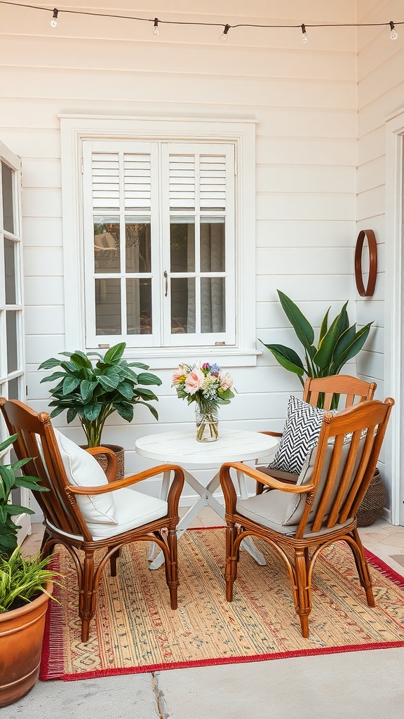 A cozy outdoor seating area with two wooden chairs, a small table, and potted plants.