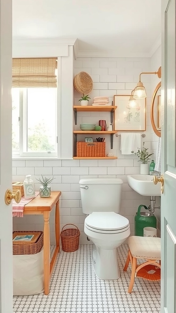 A stylish and organized tiny house bathroom featuring open shelving, vintage lighting, and decorative storage solutions.