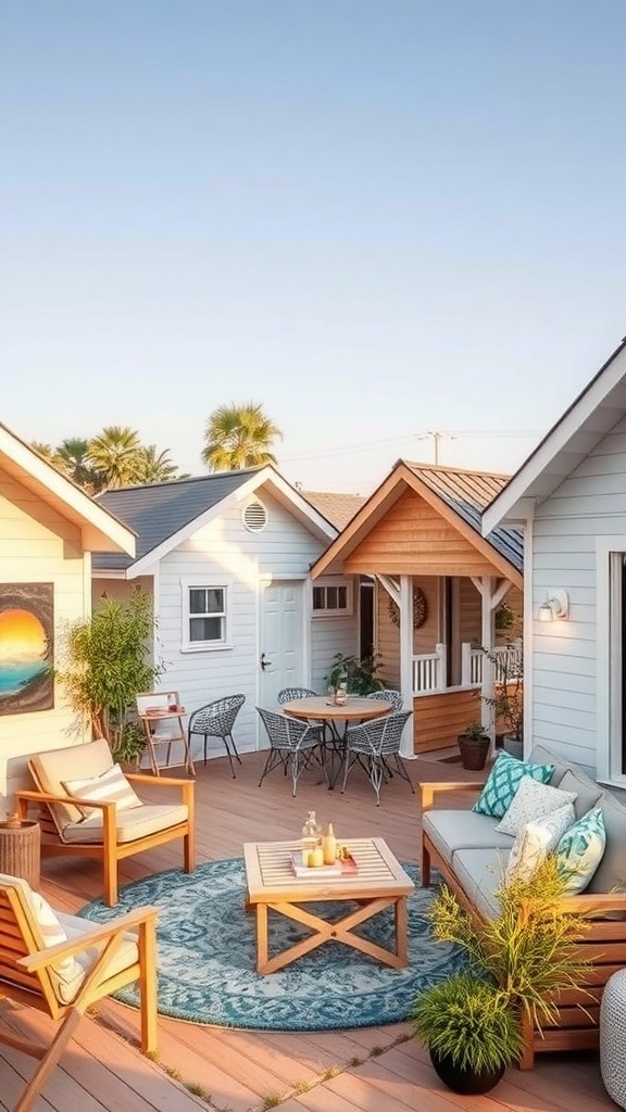 A cozy tiny beach house neighborhood with inviting outdoor seating, a shared deck, and the warm glow of evening light.