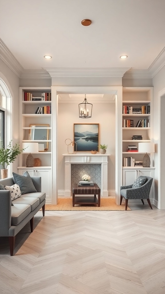 A welcoming foyer with built-in bookcases framing a seating area, showcasing books and decorative items.