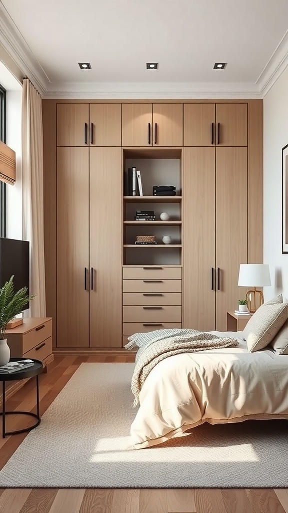 A modern bedroom featuring a stylish built-in closet system, showcasing a blend of shelving and drawers.