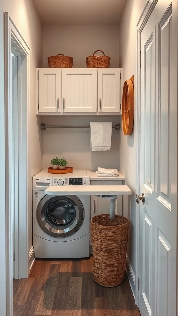 A narrow laundry room with a built-in ironing board, washer, and shelves