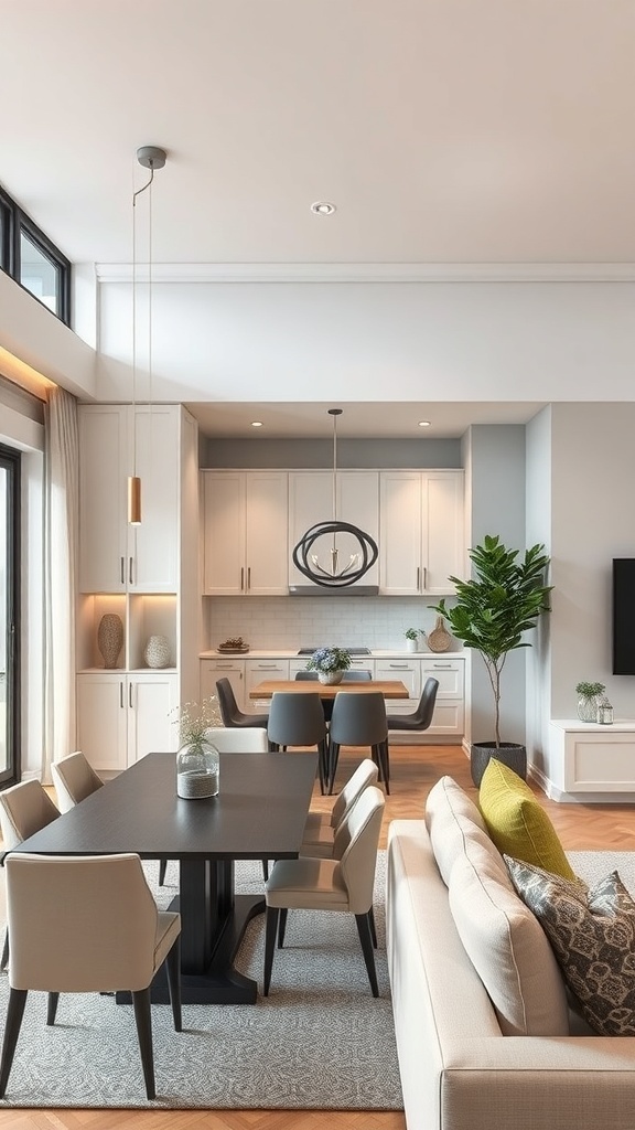 A beautifully designed living and dining area featuring a partition, stylish furniture, and ample natural light.
