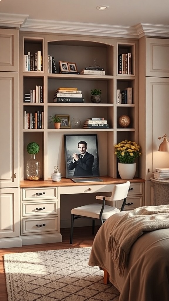 Cozy built-in shelving desk in a bedroom with books, plants, and a comfortable chair.
