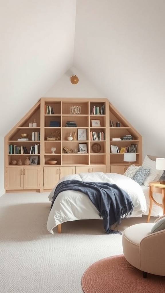 A cozy tiny attic bedroom showcasing built-in shelving units against angled walls, featuring books and decor.