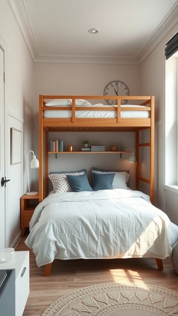 A cozy tiny bedroom featuring a stylish bunk bed setup with a full-sized bed below and a light wood frame.