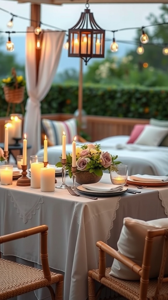 A romantic outdoor dining setup with candles, flowers, and soft lighting.