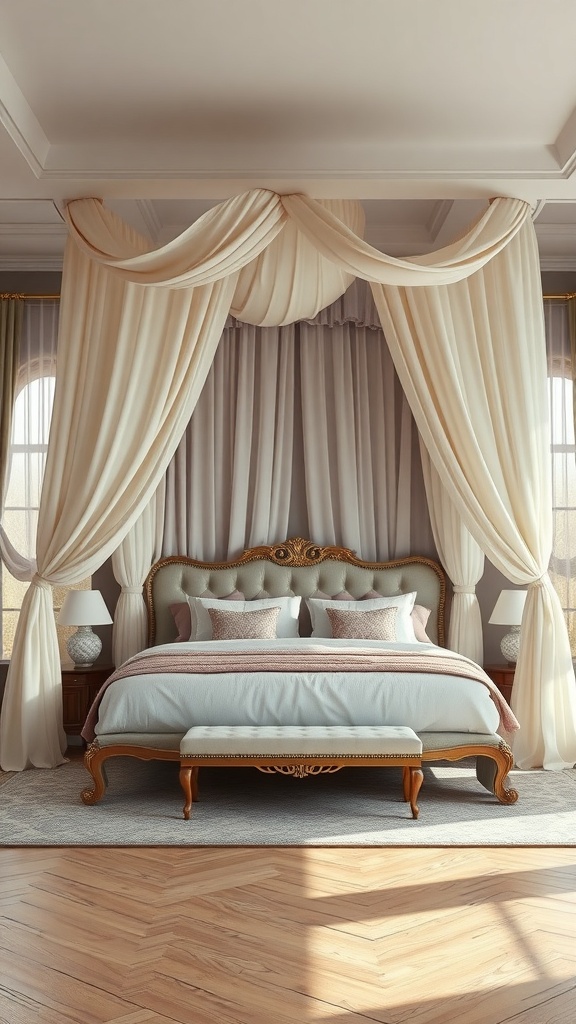 Elegant canopy bed with drapes in a stylish bedroom