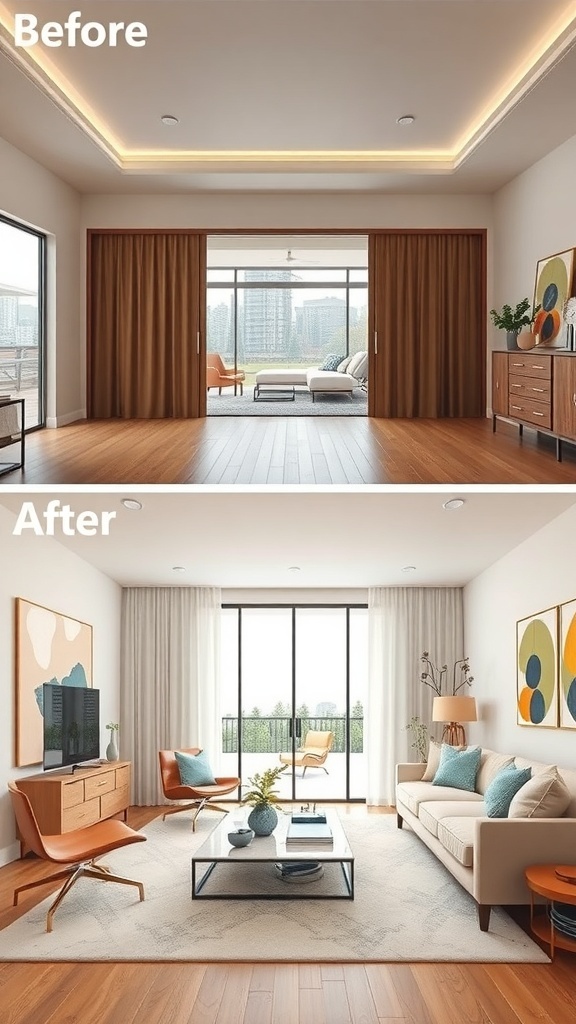 Before and after images showing the transformation of a room with sliding partitions