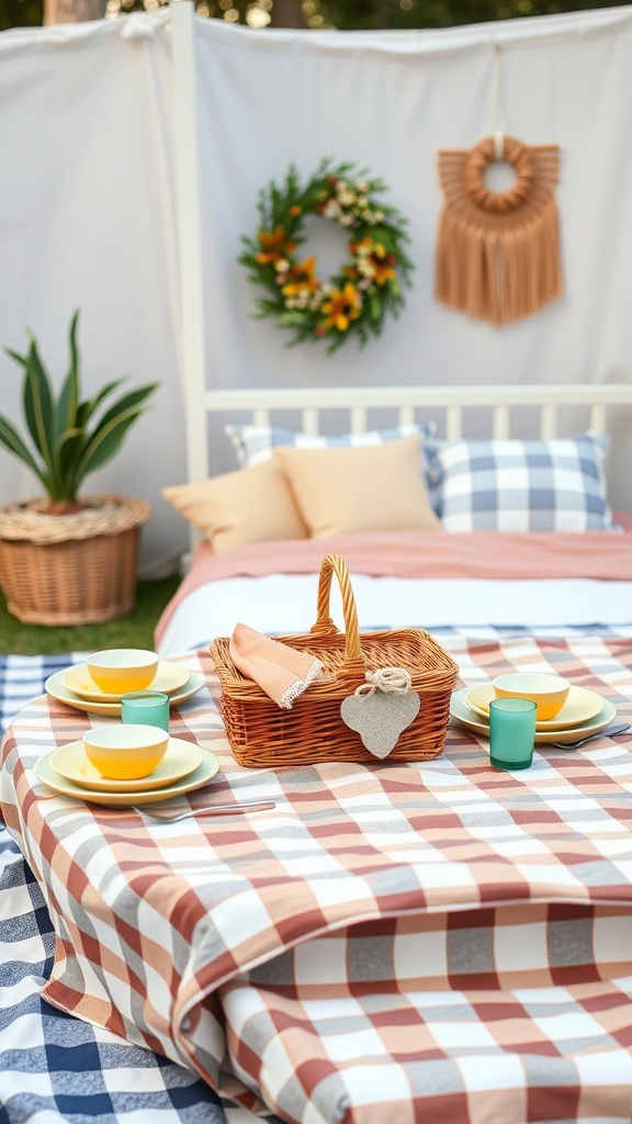 A casual outdoor picnic setup with a checkered blanket, picnic basket, and colorful plates.