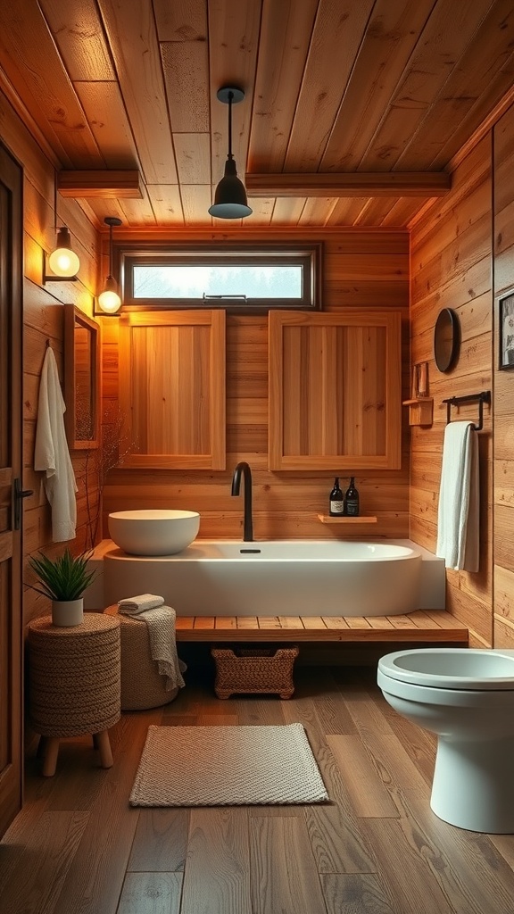 A rustic bathroom featuring cedar wood walls and ceiling, a freestanding tub, and warm lighting.