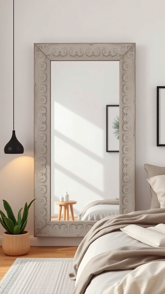 A stylish cement mirror frame with succulents, showcasing a modern interior design.