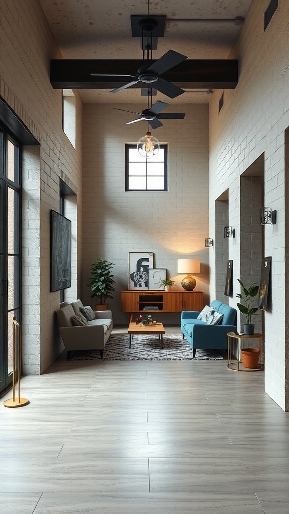 A modern foyer featuring cement block partitions, showcasing a stylish seating area and decorative elements.